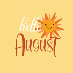 hello august lettering typography with hand drawn sun