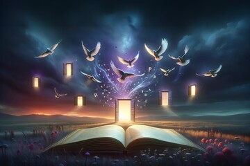 An open book with glowing birds flying out of its pages, symbolizing freedom, imagination, and the transformative power of reading. literary adventure and creative exploration