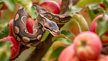 Snake Coiled on Apple Tree Branch