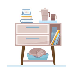 Flat nightstand concept with books and tea or coffee pot and mug. Interior items of cozy modern midcentury design with cat and vase on bedside table. Vector cartoon illustration with decor elements