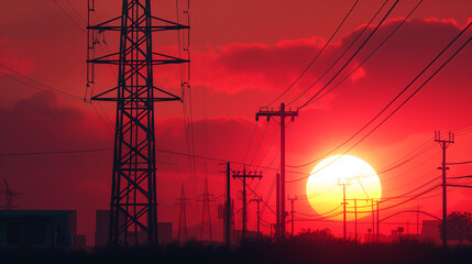 Silhouette of High voltage electric tower on sunset time background
