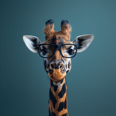 close-up of the head of a giraffe with glasses