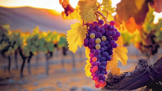 Wine & Harvest Concept. Juicy grapes on a vine in a vineyard at sunset, creating a warm and inviting ambiance. Seamless loop video background 