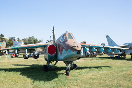 Kyiv, Ukraine - September 2019: Exterior view of a Sukhoi Su-25 "Grach" or "Frogfoot" close air support and ground-attack aircraft 