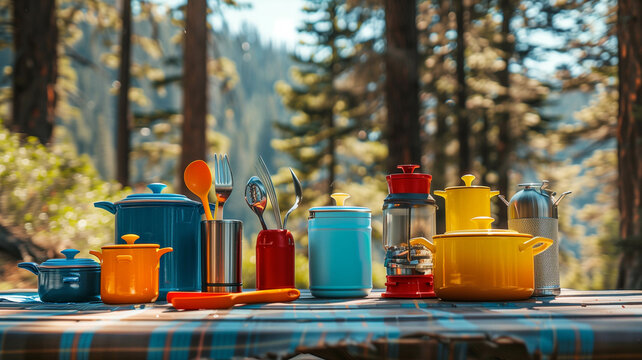colorful assortment of camping cooking utensils and portable stoves arranged on a picnic table
