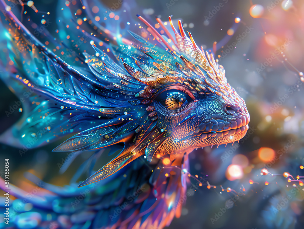 Aufkleber capture the essence of mystical creatures merging with futuristic tech in a surrealistic masterpiece