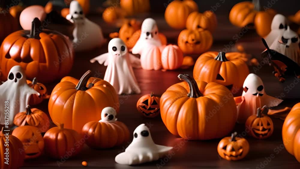 Poster group of ghosts and pumpkins on table generative ai