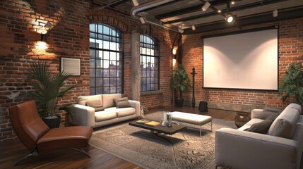 A comfortable living room setting in a contemporary loft with exposed brick walls, plush sofas, a large projector screen, plants, and ambient lighting in the evening.