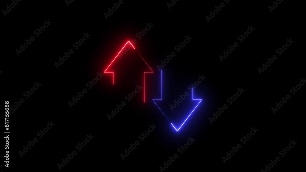 Poster abstract glowing dynamic neon arrow icon animation background. glowing neon arrow ups and down conce