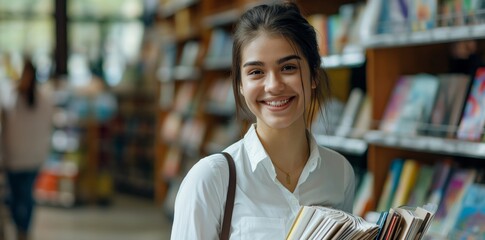Naklejka premium a smiling girl holding books in a library
