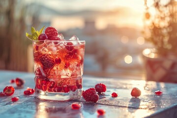 Glass of ice and raspberries on table Food, Fruit, Ingredient, Berry