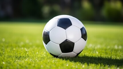 Fototapeta premium Classic black and white soccer ball on green grass. Active lifestyle.