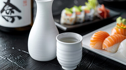 A close-up shot of a chilled bottle of sake with a white ceramic cup overflowing next to a plate of fresh sushi on a black lacquered table. - Powered by Adobe