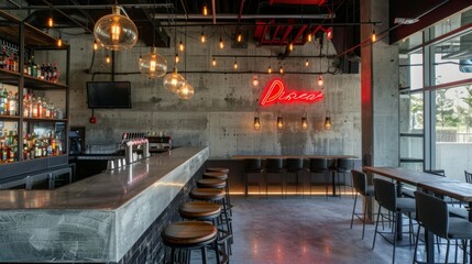 An urban bar with an industrial interior, featuring a concrete bar top, wooden seats, warm lighting, and a neon sign, captured during daylight.