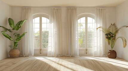 an empty living room adorned with French windows and soft curtains in the background, featuring a tall table with a coffee machine and a freshly brewed cup of coffee.