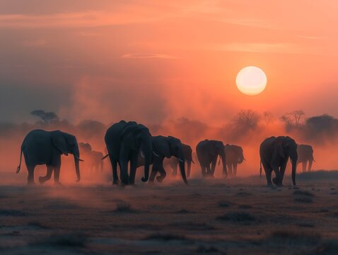 group of elepants drinking from a small watering hole, trunks extended