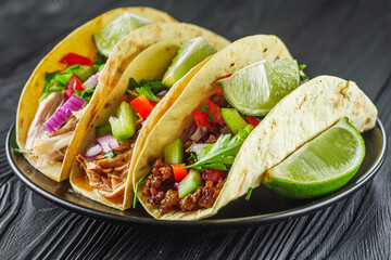 set of delicious juicy tacos on black wooden rustic background
