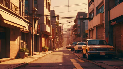 Sunny street in a quiet urban neighborhood