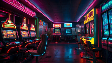 Naklejka premium Neon-lit retro arcade room interior