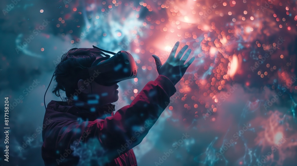 Poster user in vr headset interacts with digital elements in a captivating virtual world.