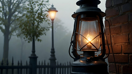 Illuminated lantern in foggy ambiance