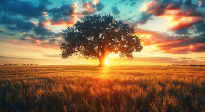 sunset over the field, A single tree stands in the middle of an open field, surrounded by tall grass and wheat fields under a beautiful sunset sky.