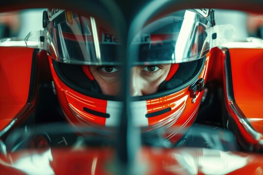 The picture of the formula one or f1 racer wearing the helmet for protection, the racing driver is focusing on the race track, the racer require skill like the concentration and driving skill. AIG43.