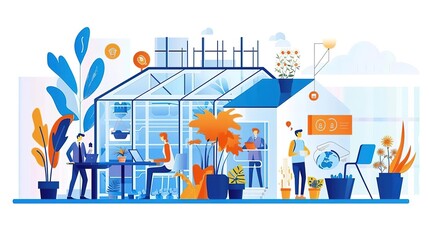 A modern greenhouse with people working inside.