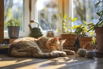 Felidae napping by window among houseplants and flowerpots - Powered by Adobe