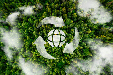 Circular economy icon in cloud shape The concept of eternal circular economy Infinite and unlimited for future growth Lush forest, 3D rendering.