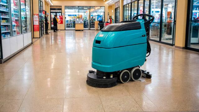 Big industrial scrubber dryer machine on glossy floor of shopping mall with various shops and bright storefronts, deserted. Without worker. Soft diffused lighting. On blurry background. Copy space.