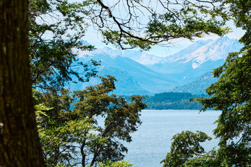 mountains and lake framed by tree branches visible in the distance