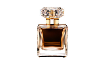 A bottle of perfume with a diamond-shaped cap. The bottle is made of glass and is filled with a golden liquid.