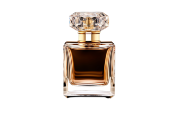 A bottle of perfume with a diamond-shaped cap. The bottle is made of glass and is filled with a golden liquid.