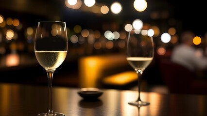 scenic view of champagne glasses on a counter in a bar, restaurant