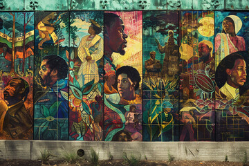 A mural depicting the historical timeline of the Juneteenth holiday, with powerful imagery and symbolic representations. 