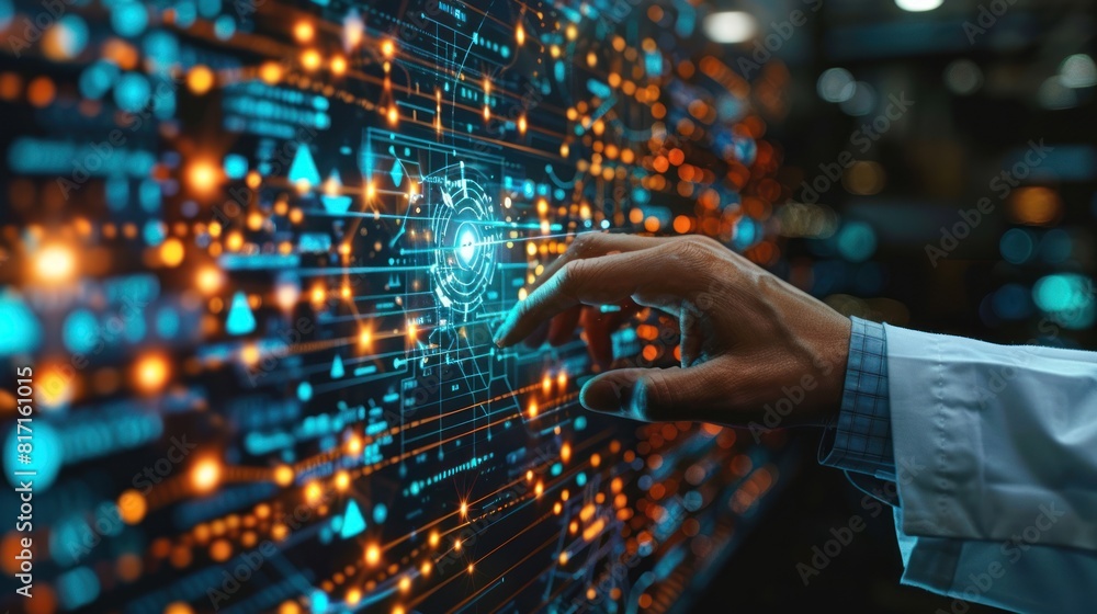Poster presentation about machine learning technology, scientist touching screen, artificial intelligence.