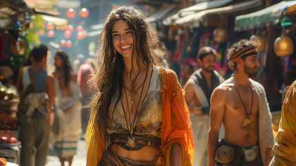 An artistic representation of friends laughing together in a bustling marketplace, their faces alive with joy and excitement as they navigate crowded streets and colorful stalls, i