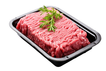 Fresh lean organic ground beef in a black tray with a sprig of parsley on top.