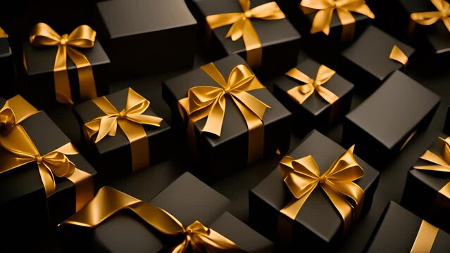 Many Black and Gold Gift Boxes on Black Background Generative AI