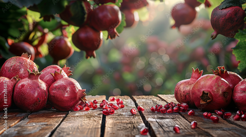 Poster Freshly picked pomegranates sit on a wooden table with scattered seeds. Several pomegranates hang on the branches of a pomegranate tree in the background