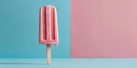 Fruity pink ice cream on a stick isolated on pink and blue background.