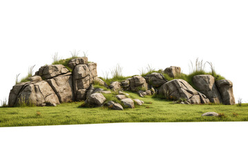 Large rocks covered in moss and grass sit on a grassy plain.