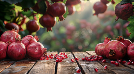 Freshly picked pomegranates sit on a wooden table with scattered seeds. Several pomegranates hang on the branches of a pomegranate tree in the background
