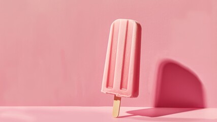 Fruity pink ice cream on a stick isolated on pink background.