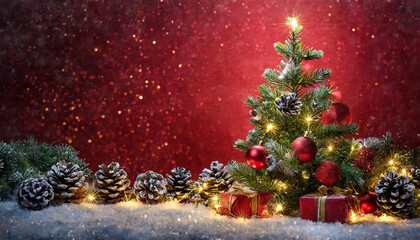 Christmas tree with sparkle bokeh lights on red background with copy space