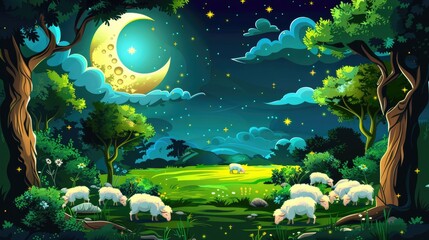 an Eid al-Adha Islamic decoration scene, featuring a crescent moon, twinkling stars, and a serene herd of sheep peacefully grazing in a countryside setting.