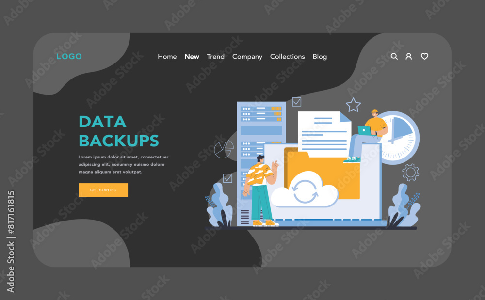 Poster data backups night or dark mode web or landing page. secure cloud