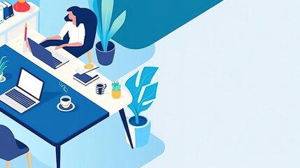 A woman is sitting at her desk working on her laptop