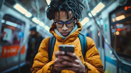 Young African American man Texting on Smartphone in Subway Train. Generative ai - Powered by Adobe